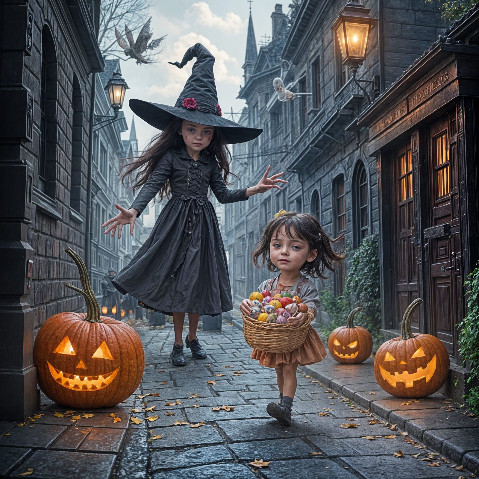 Whimsical Halloween Street Scene with Scary Toffee Apples