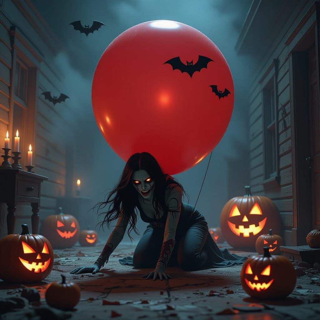 Zombie Scarlet Witch Crawls Amidst Spooky Halloween Balloons