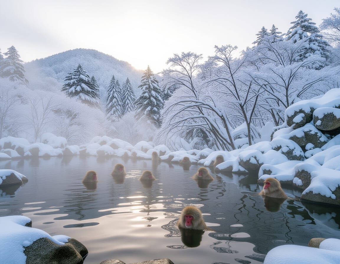 Snow Monkeys in Winter Onsen, Japanese Landscape
