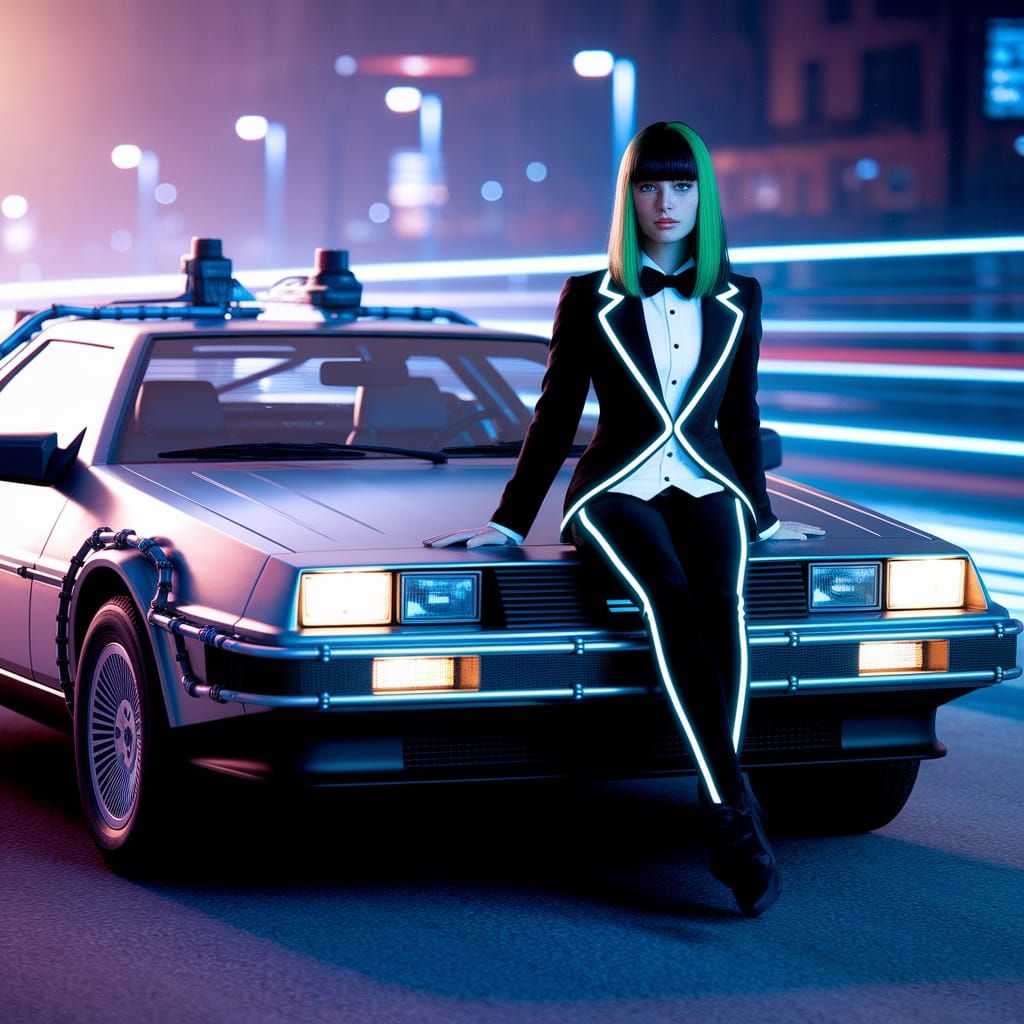 Sleek DeLorean Shines Under Neon City Lights with Elegantly ...