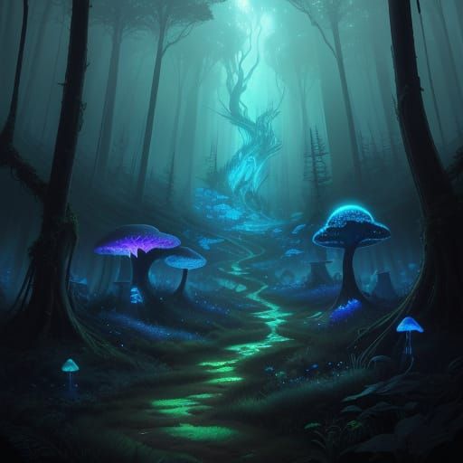 Bioluminescent Forest Concept Art With Elven City