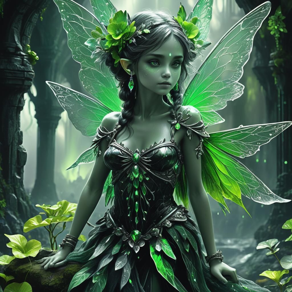 Green Petalite Fairy in Selective Color Fantasy Art