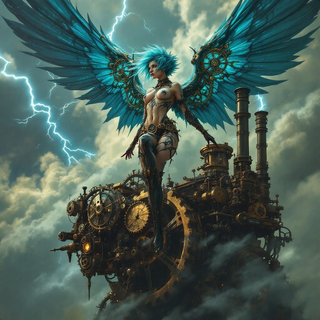 Steampunk Valkyrie Soaring Above War Machine
