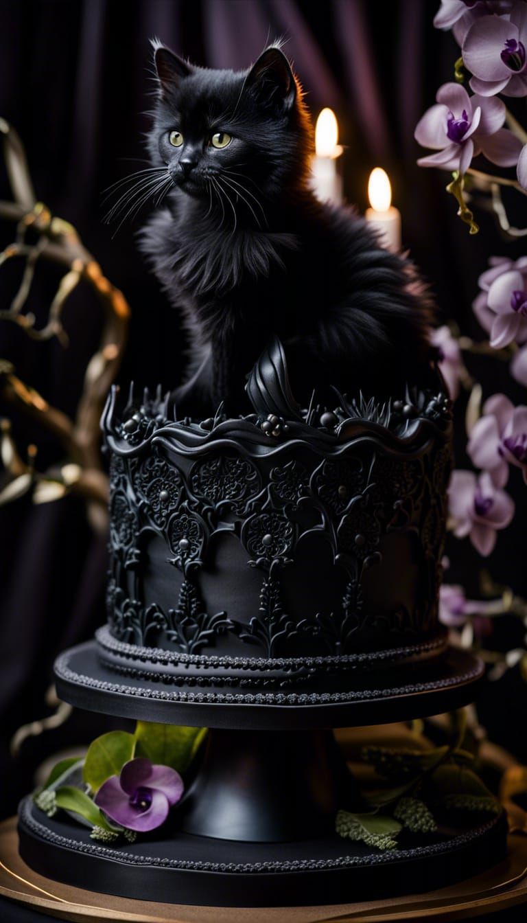 Fluffy black kitten sitting on a multi-tiered black orchid b...