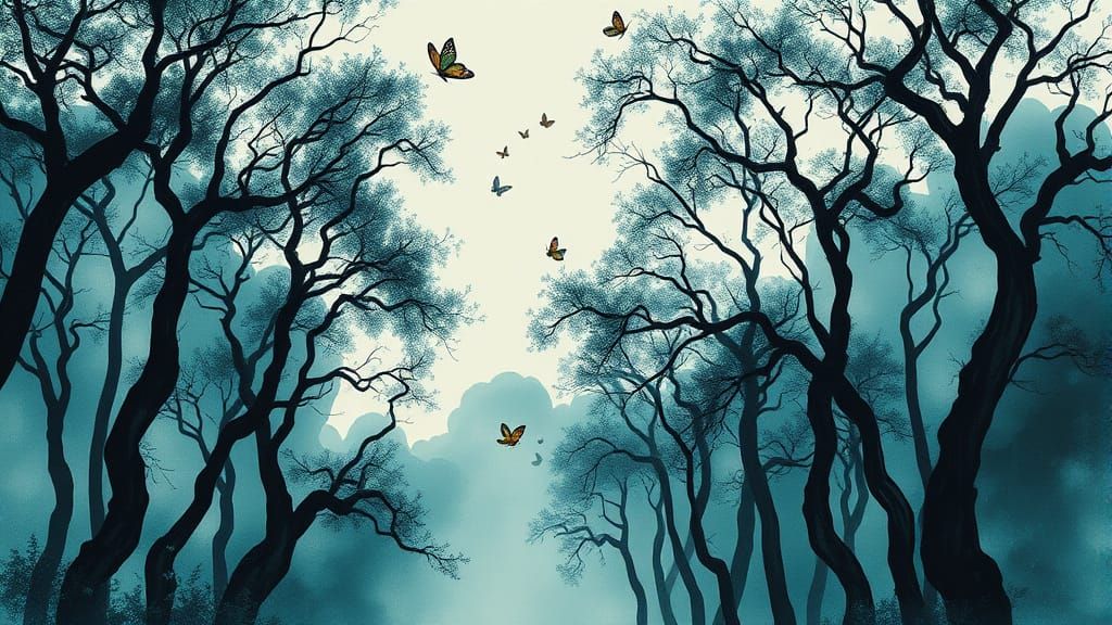 Epic Water-Blue Ink Painting of Trees and Butterflies