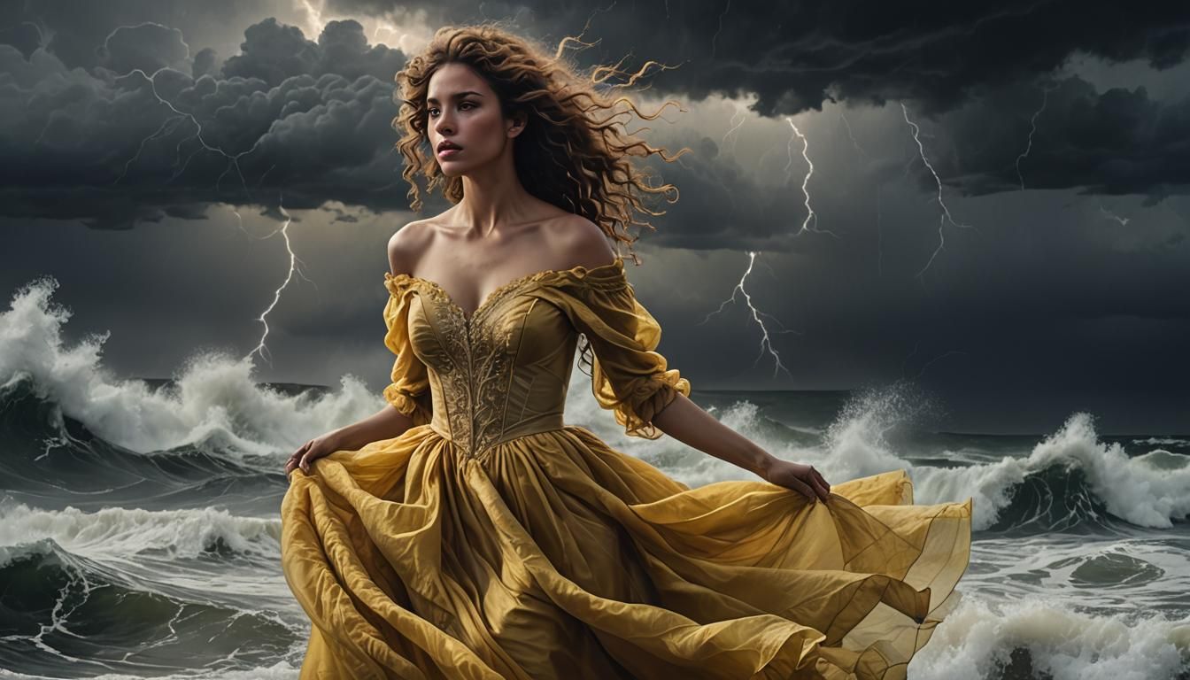 Woman in Yellow Dress at Stormy Sea