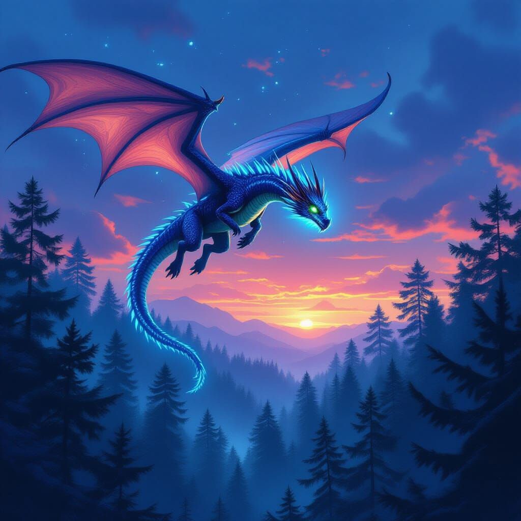 Bioluminescent Dragon Soaring Over Ancient Forest