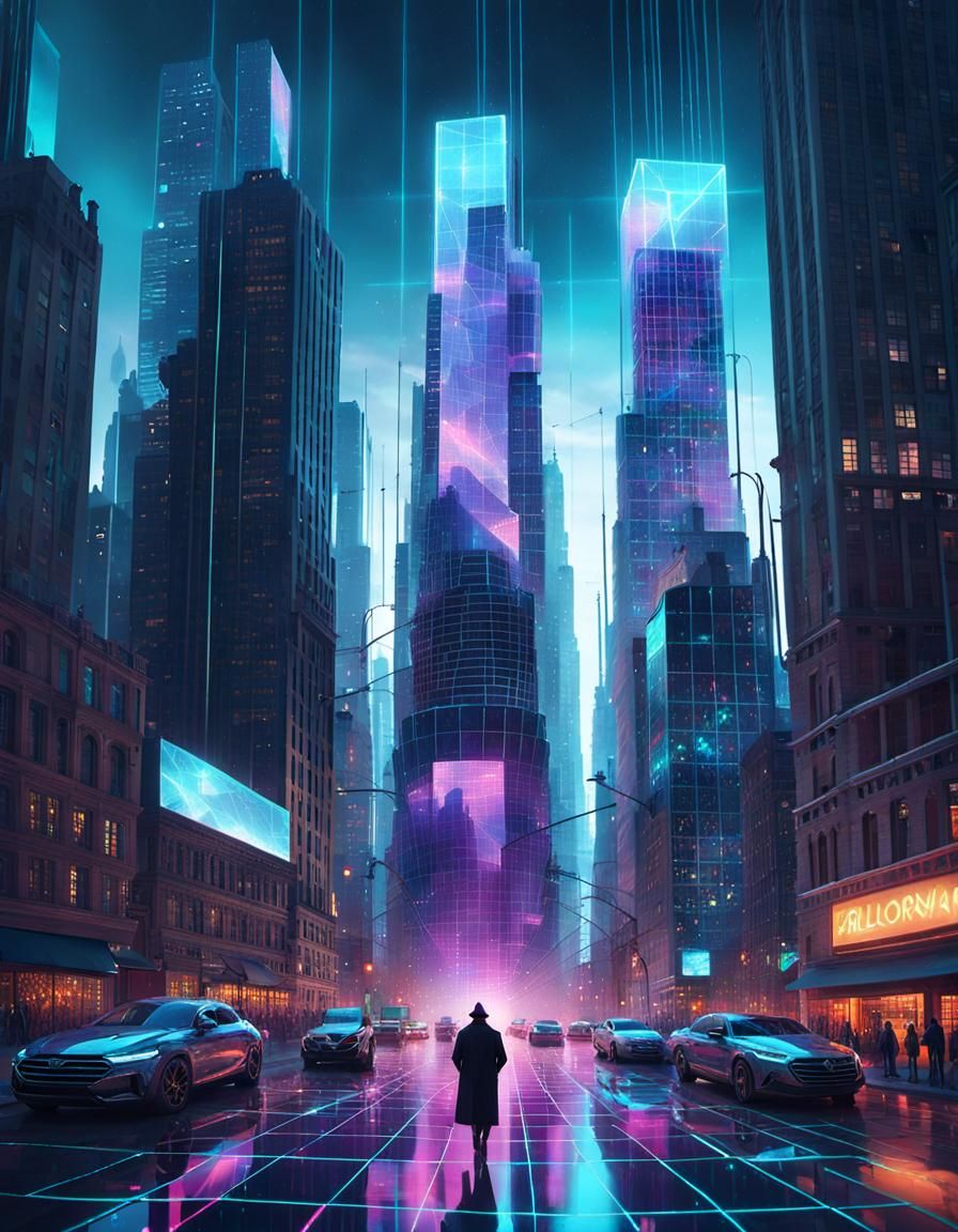 Holographic Grid Network Cityscape in Surreal Neon Art