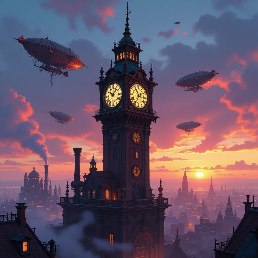 Steampunk City Sunset: Ancient Clock Tower in Hyperrealism
