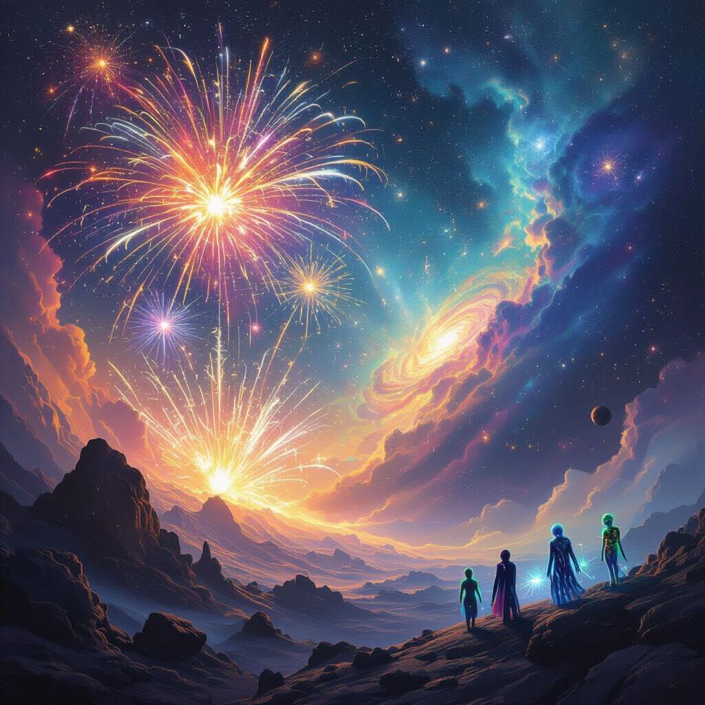 Space Fireworks Spectacle with Alien Audience in Digital Pai...