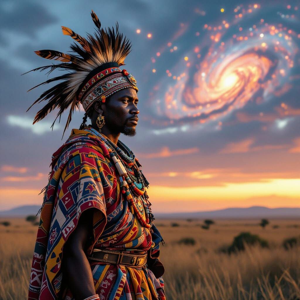 Zimbabwean Warrior on Savanna with Cosmic Backdrop