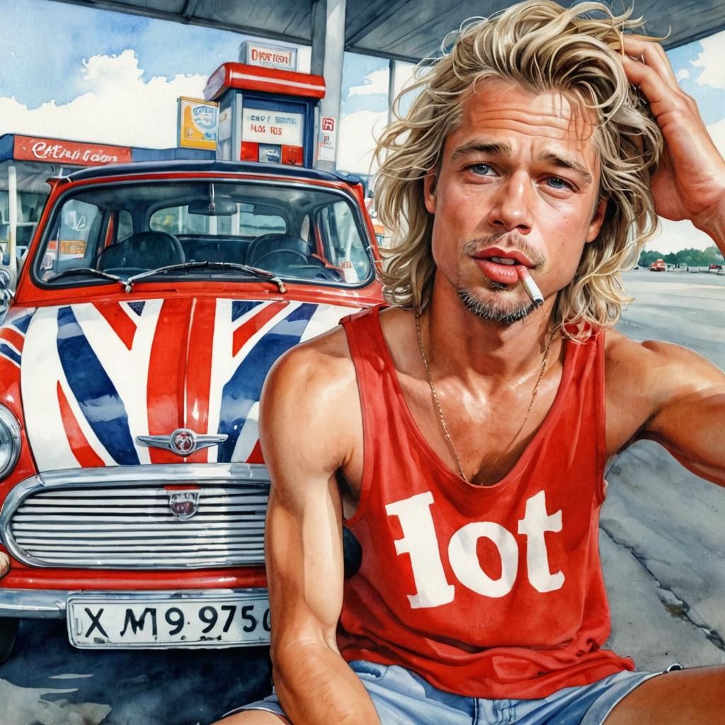 Full body shot of Brad Pitt, age 25, long flowing light blon...