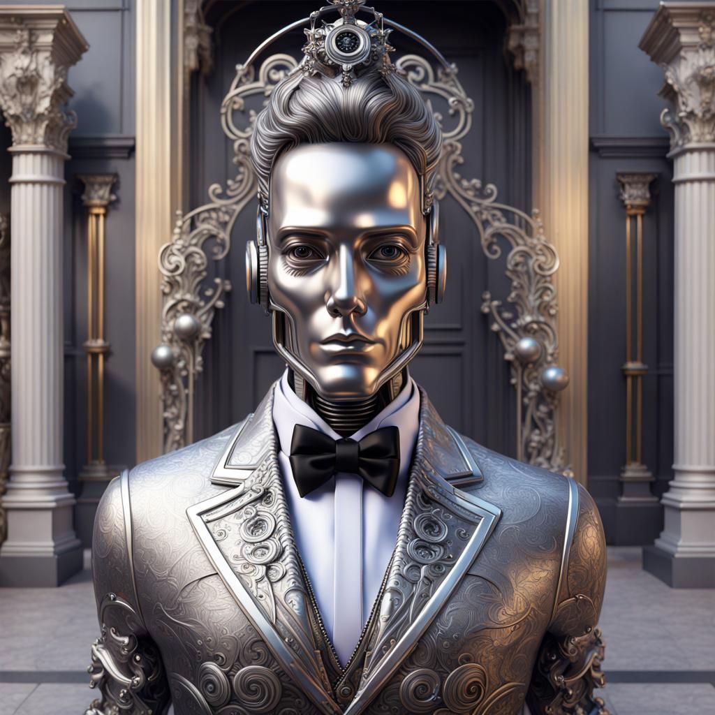 Hyperdetailed Robot Butler in Mansion Airbrush Art