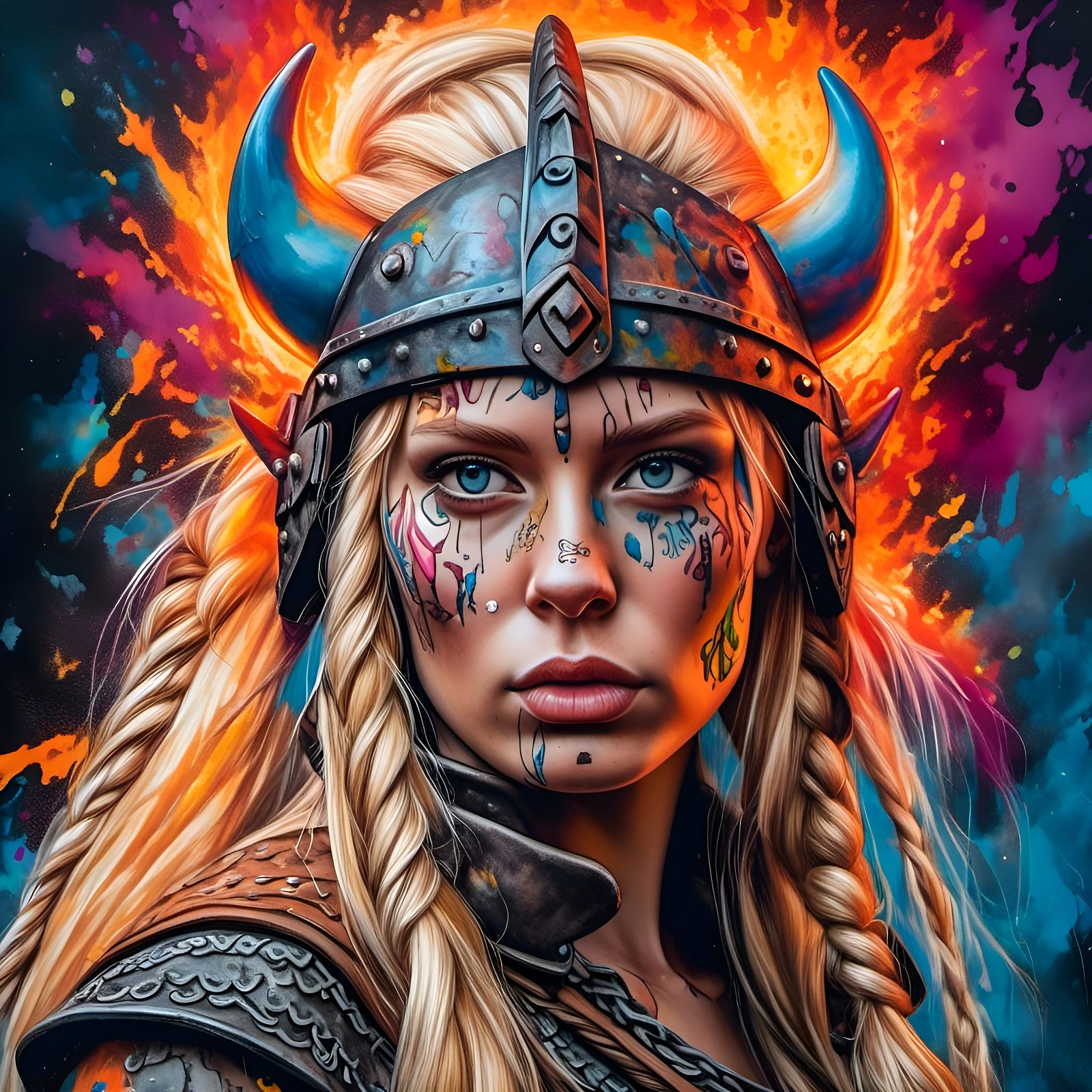 A fiery portrait of <lora:Trio:1.0> a beautiful viking woman wearing a viking helmet on top of her extremely long blonde...