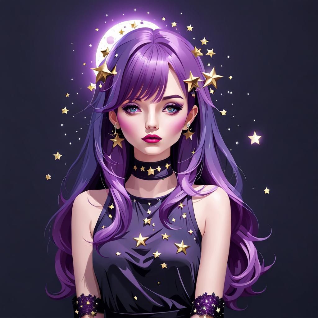 Celestial Woman with Purple Hair and Stars
