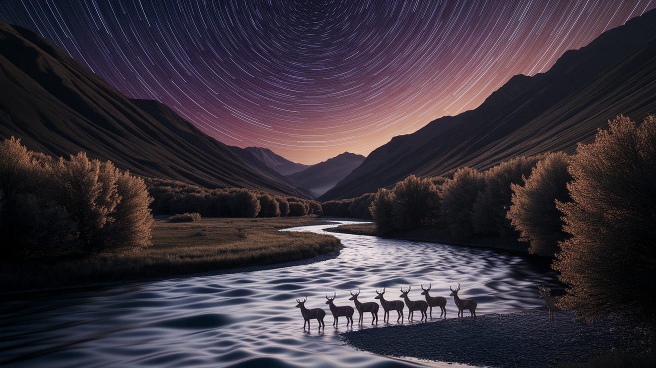 Starry Night Mountain Valley Landscape, Dark Fantasy