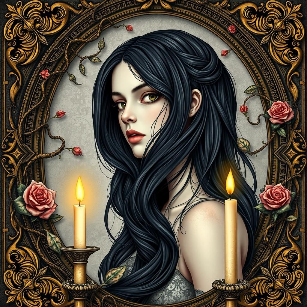 Gothic Woman Portrait with Roses and Fractals