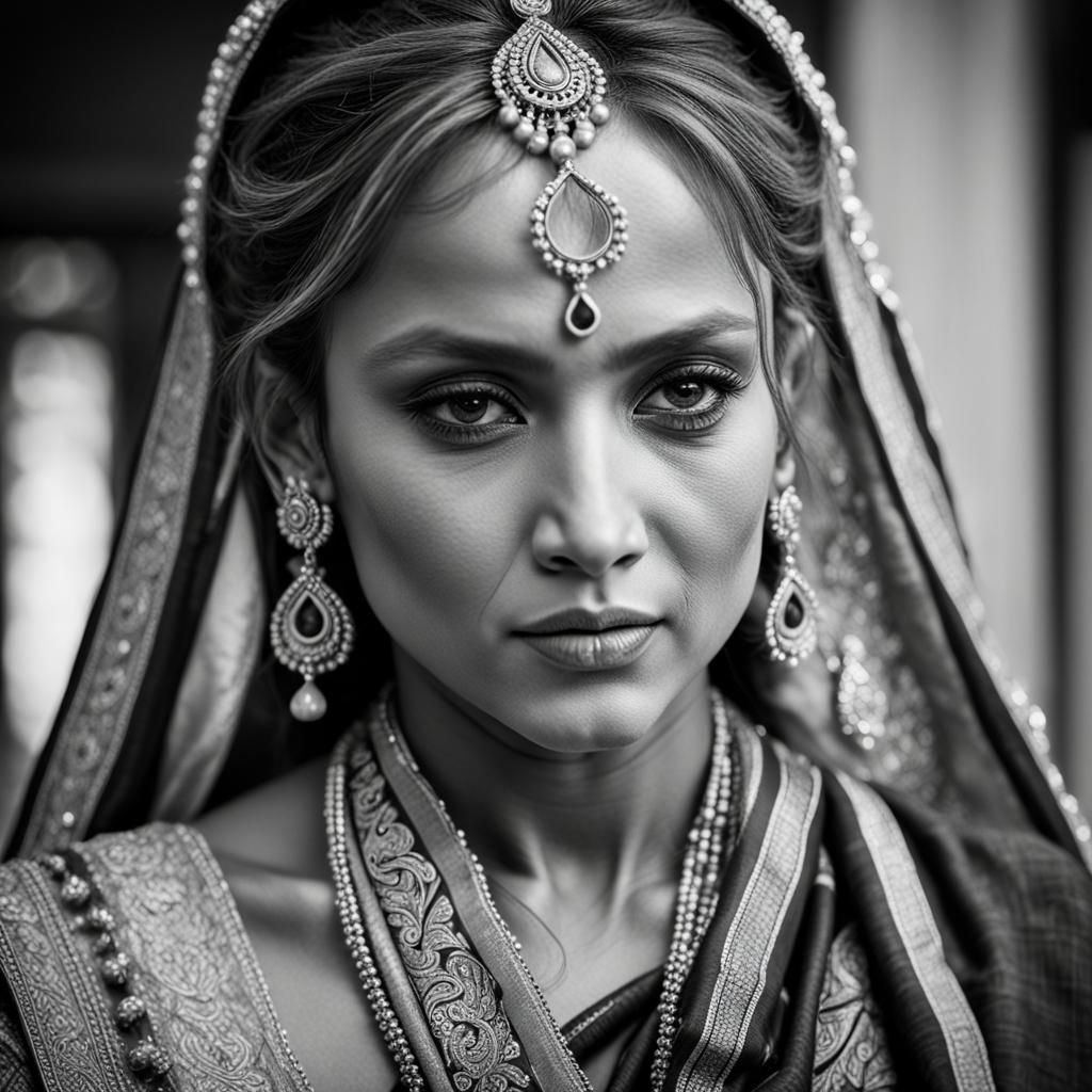 Jennifer Lopez in Traditional Saree: Black & White Portrait
