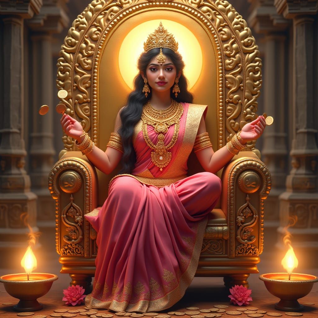 Golden Goddess of Prosperity, Seated on a Vibrant Mural Thro...