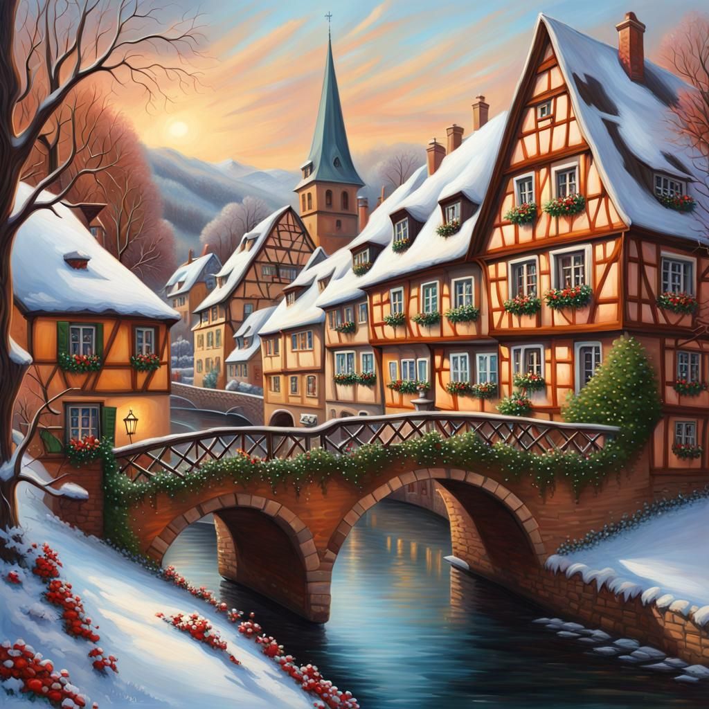 Hyperdetailed Oil Painting of Winter Village Colmar