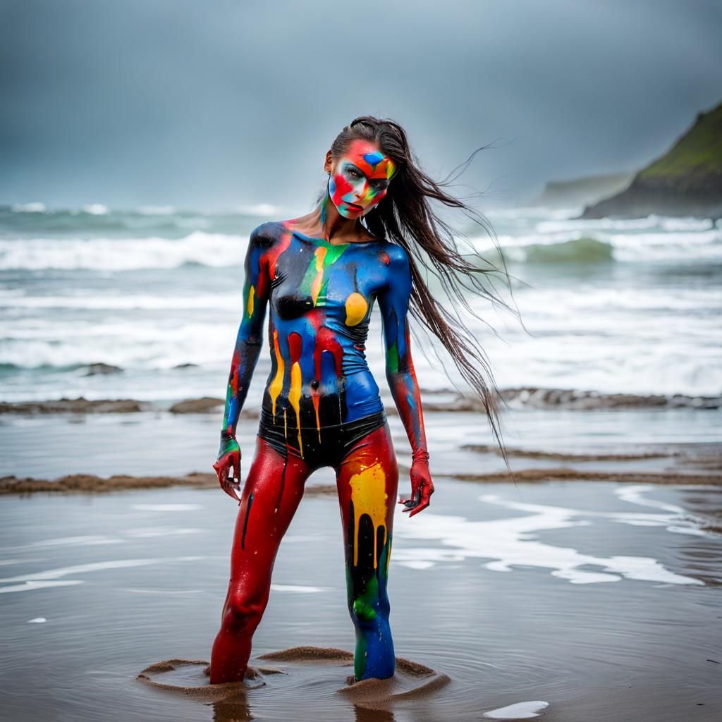 Bodypaint Washed Away by Rain on Beach