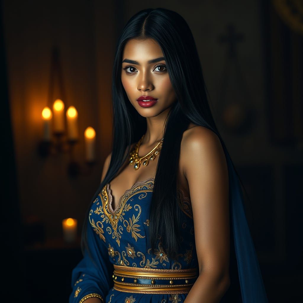 Elegant Filipina Goddess in Golden Embroidery