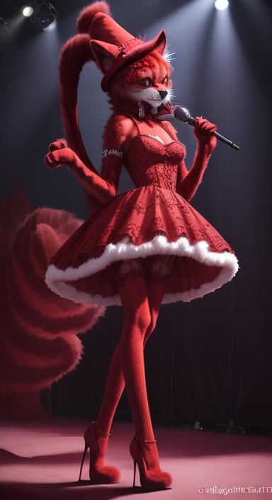 Furry Cat Lady in Crimson Lace on Stage