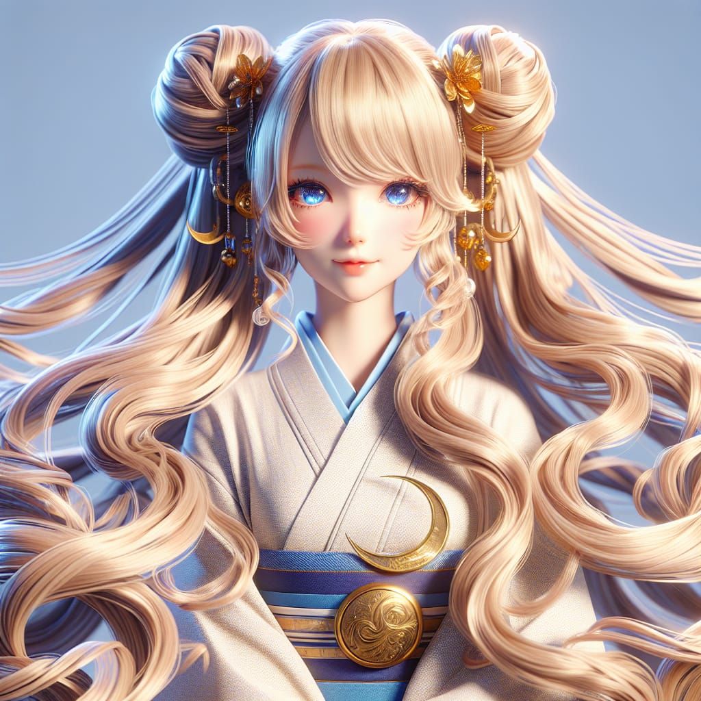 Beautiful woman with extremely long blonde hair in twin tails with the top of each tail coiled up into a baseball-sized ...