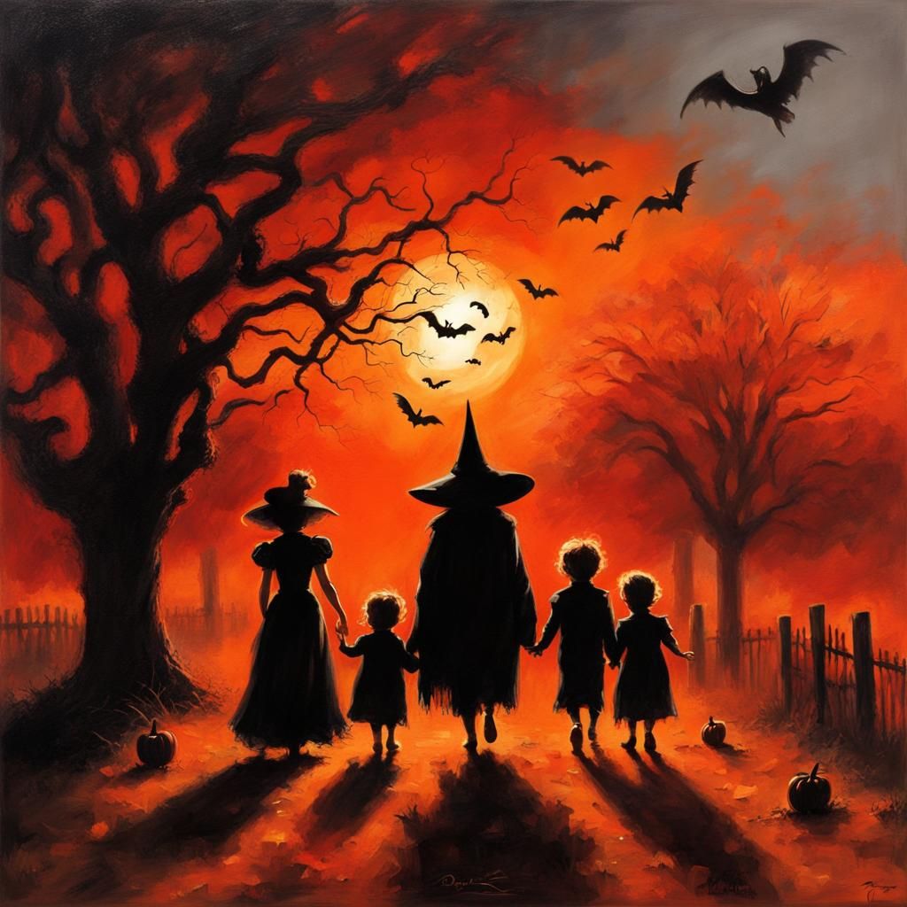 Halloween Sunset with Ghostly Apparitions in Surreal Style