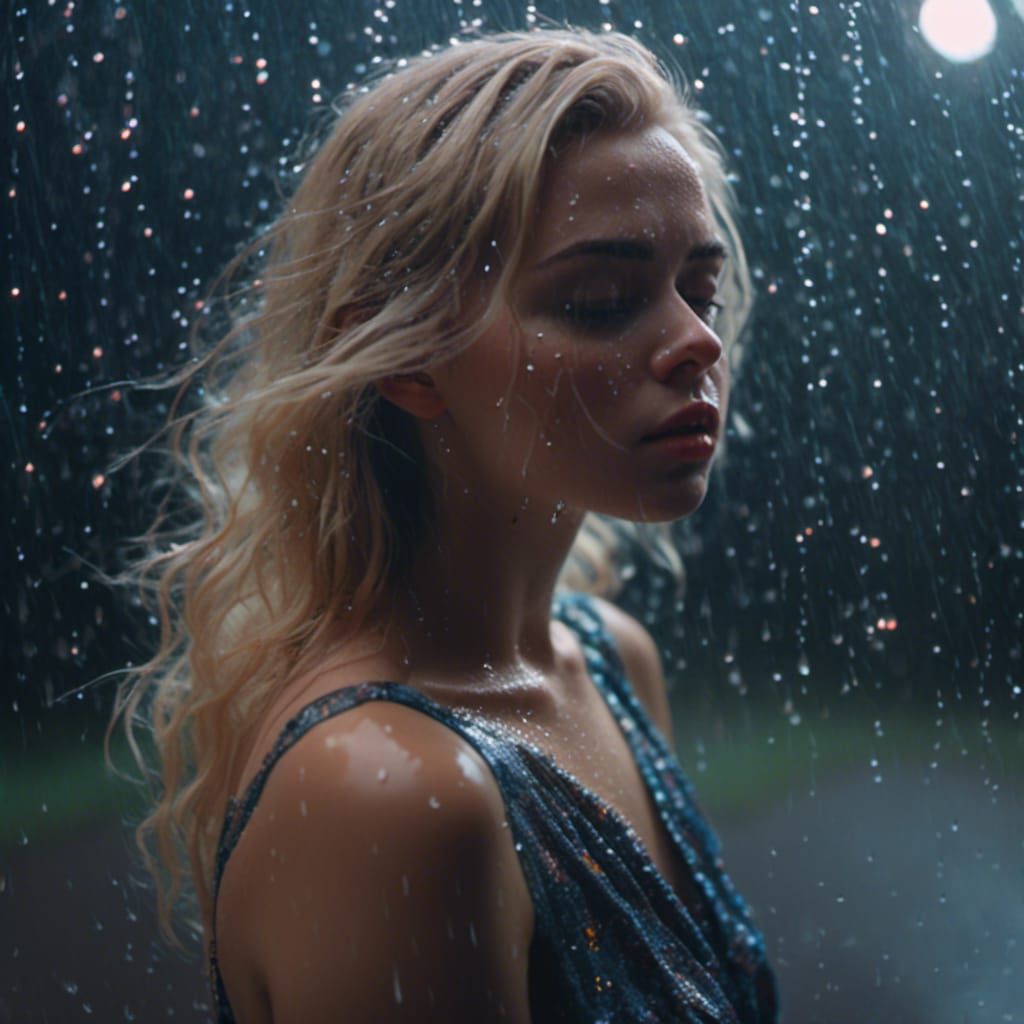 Blonde Woman in Stormy Rainfall: Cinematic 8k