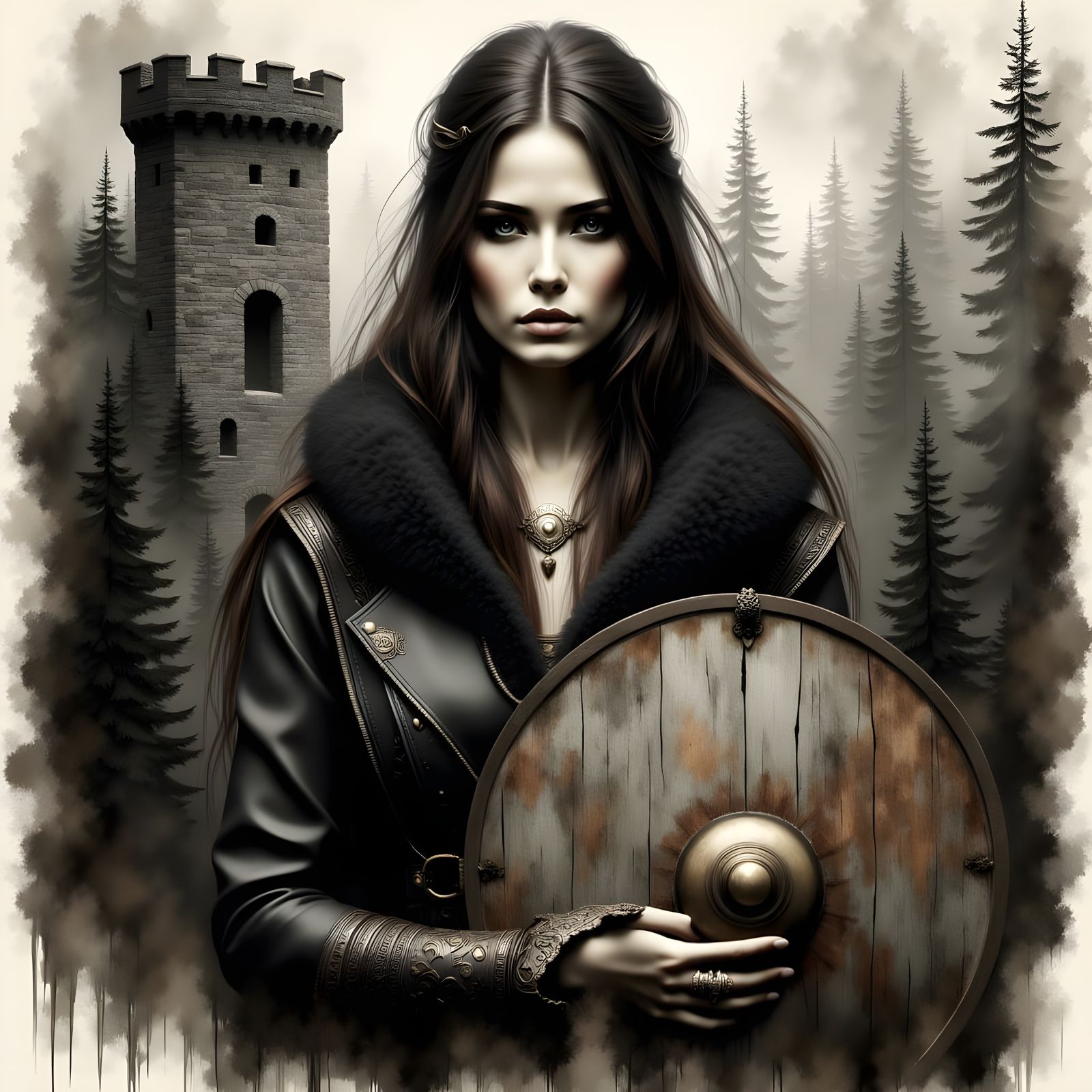 Dark Goddess in Tattered Armor Outside Ruined Castle