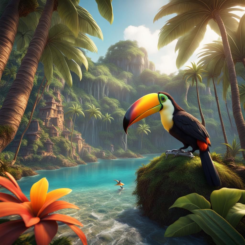 Tropical Toucan: Detailed Matte Painting in Deep Color