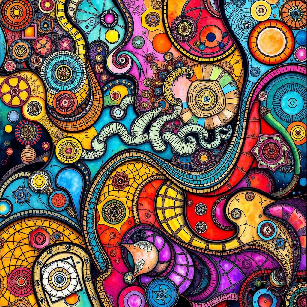 Vibrant Abstract Art in Cyberpunk Style with Zentangle Patte...