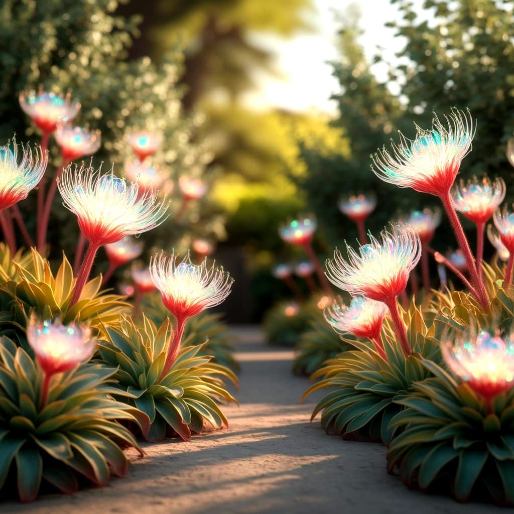 Dreamlike Garden Scene with Iridescent Flowers