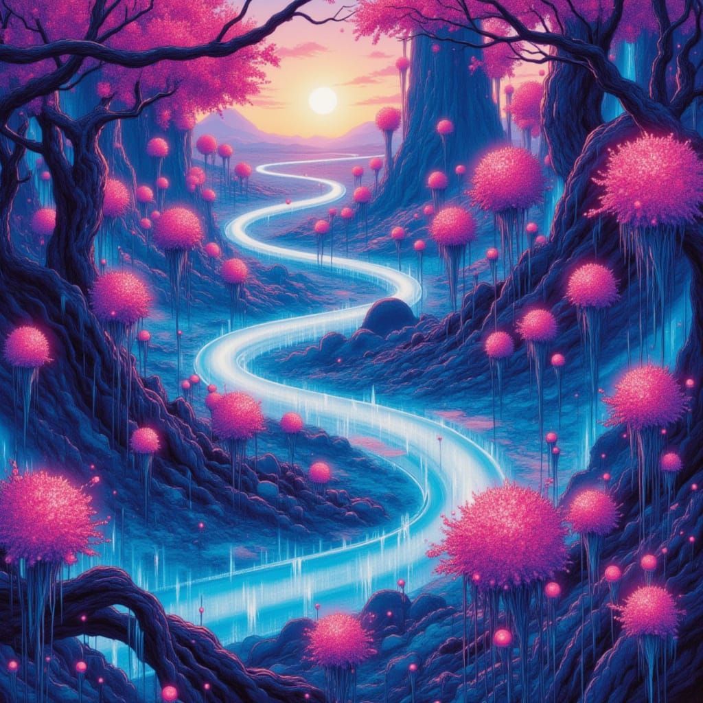 Dreamlike Neurographic Ink Landscape in Futuristic Style