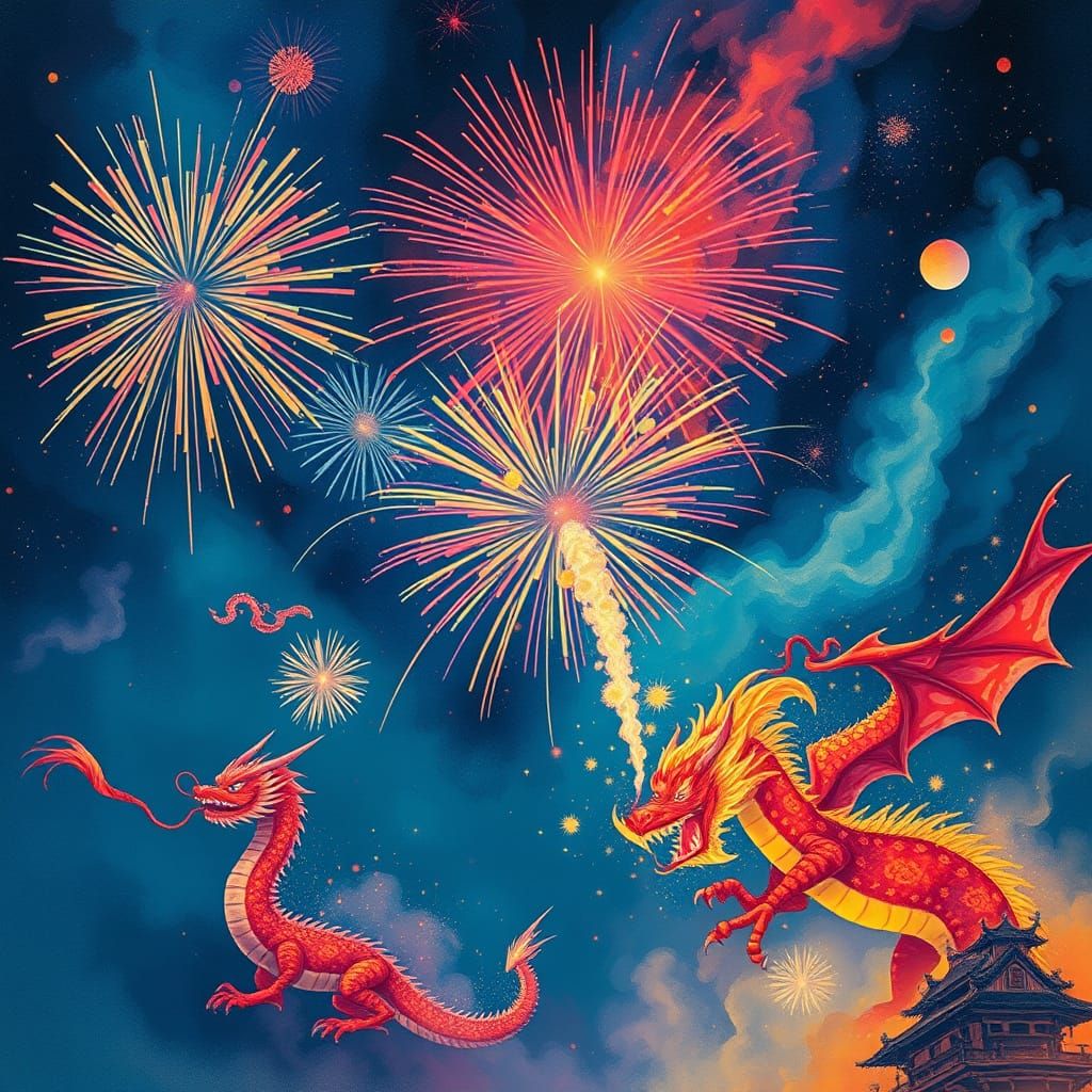 Spectacular Fireworks Display with Dragon Lights
