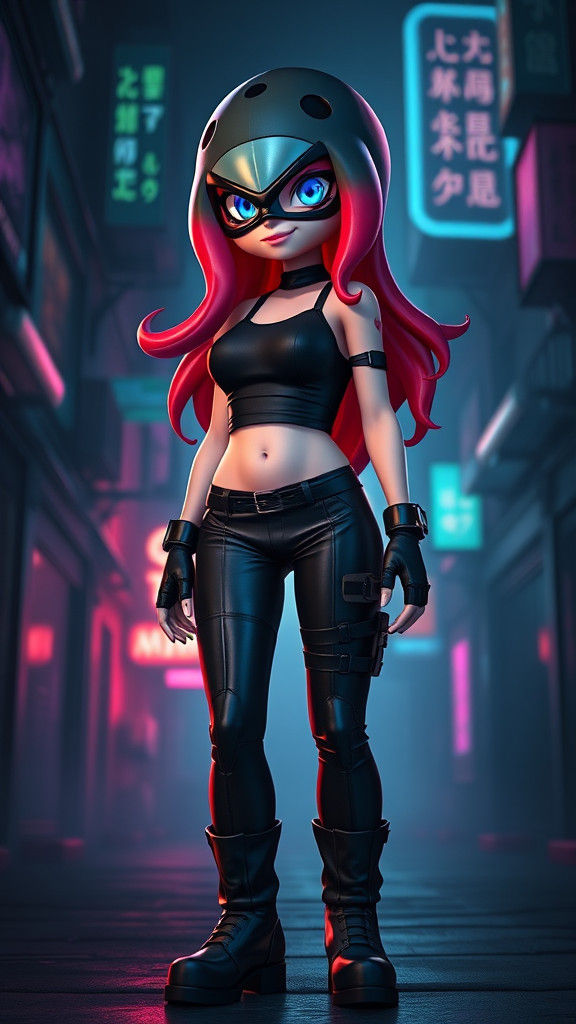 Realistic Octoling Cosplayer in Cyberpunk Cityscape