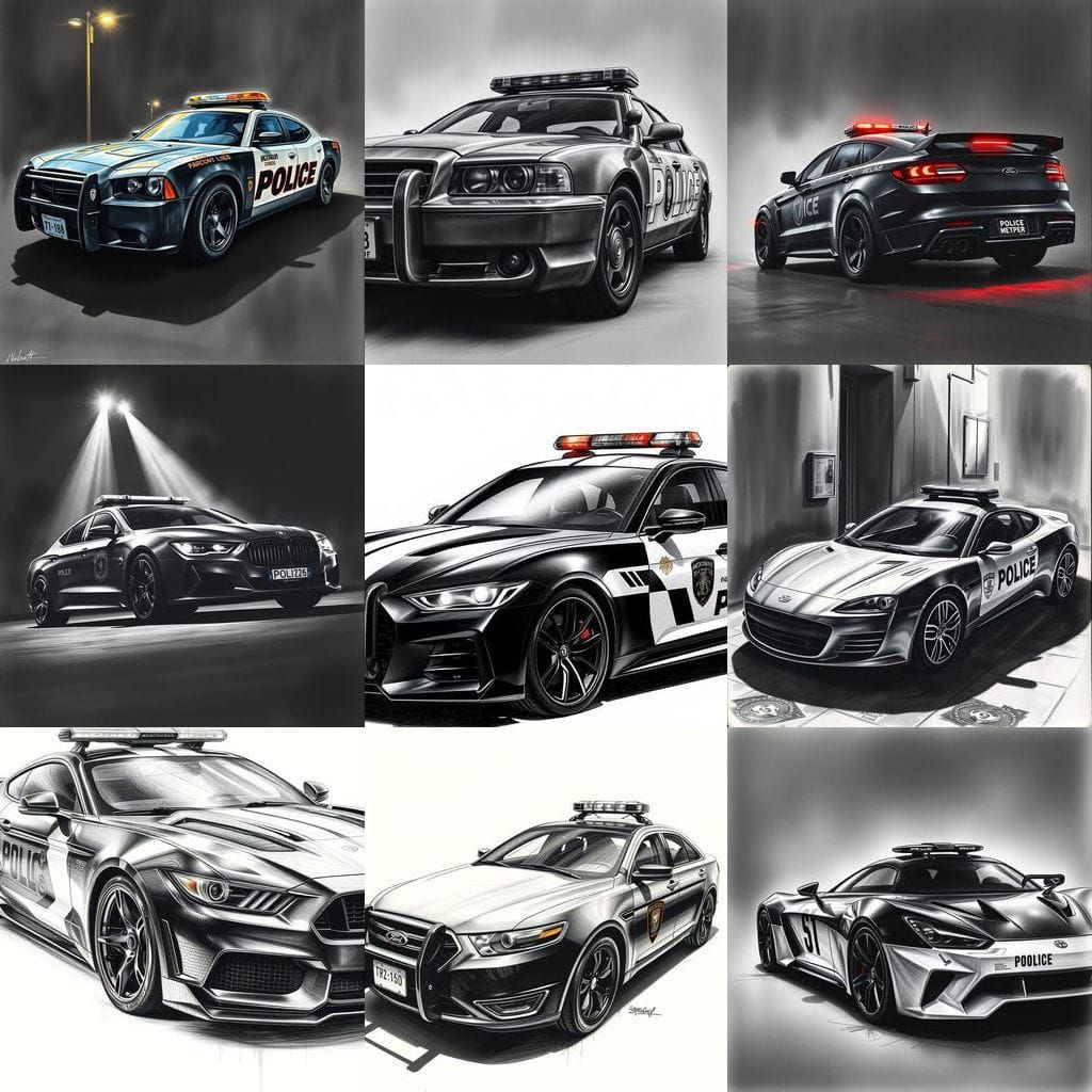 Hyperdetailed Charcoal Drawing of a Police Car