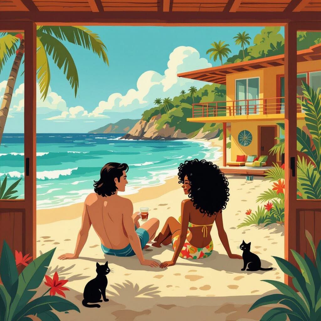 Tropical Beach House with Mid-Century Modern Bossa Nova Deco...