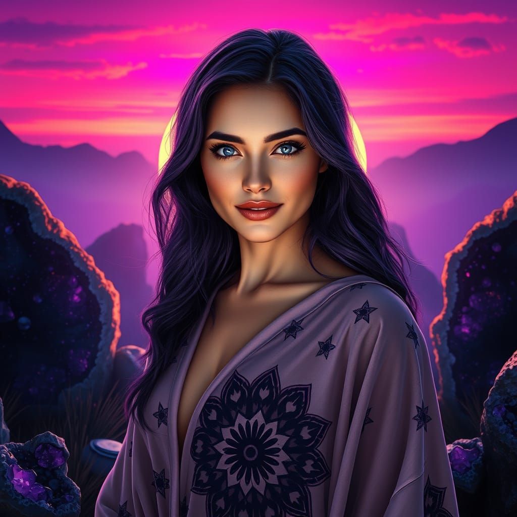 Surreal Sunrise Goddess Amidst Amethyst Geodes in Ultra-Phot...