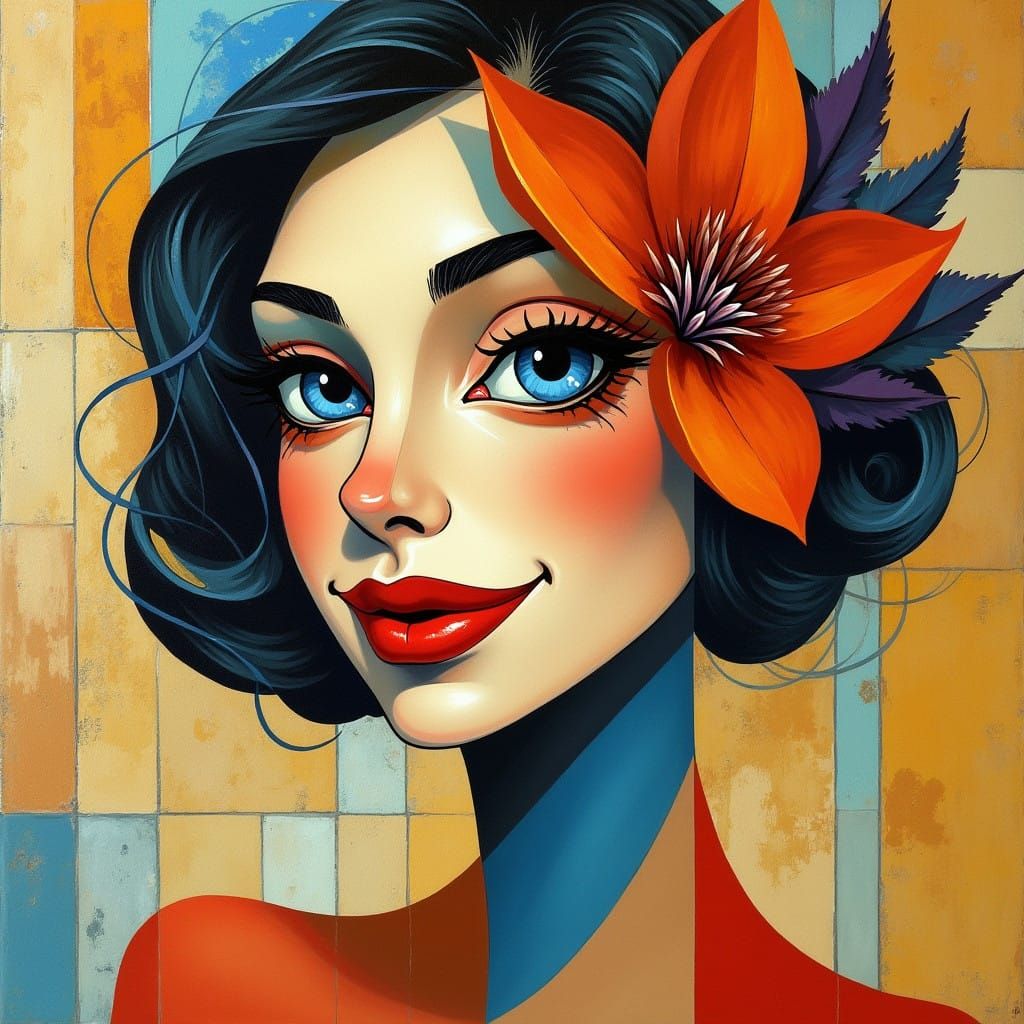 Cubist Portrait of a Woman with a Whimsical Flower