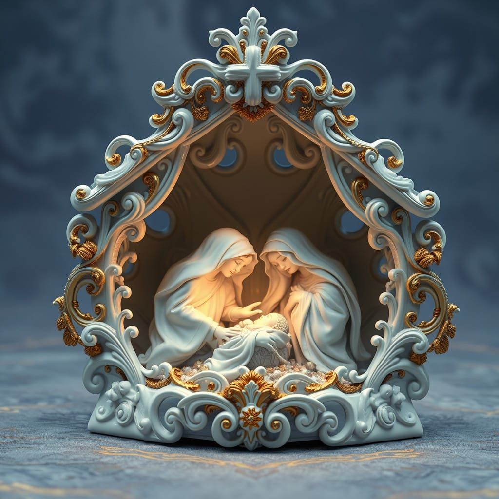Surreal Porcelain Nativity Scene in Fantasy Concept Art Styl...