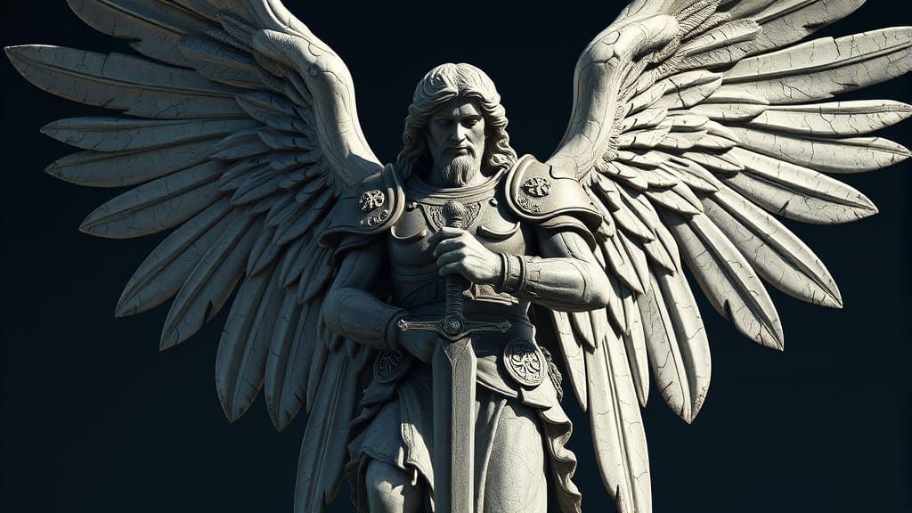 A majestic stone statue of a battle-hardened angel, standing tall with powerful wings spread wide. The angel's chiseled ...