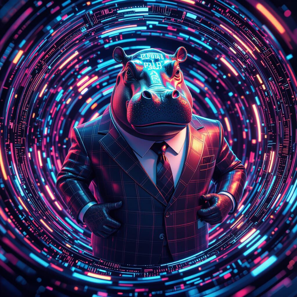 Hippo Banker in Metallic Swirls, Syd Mead Style