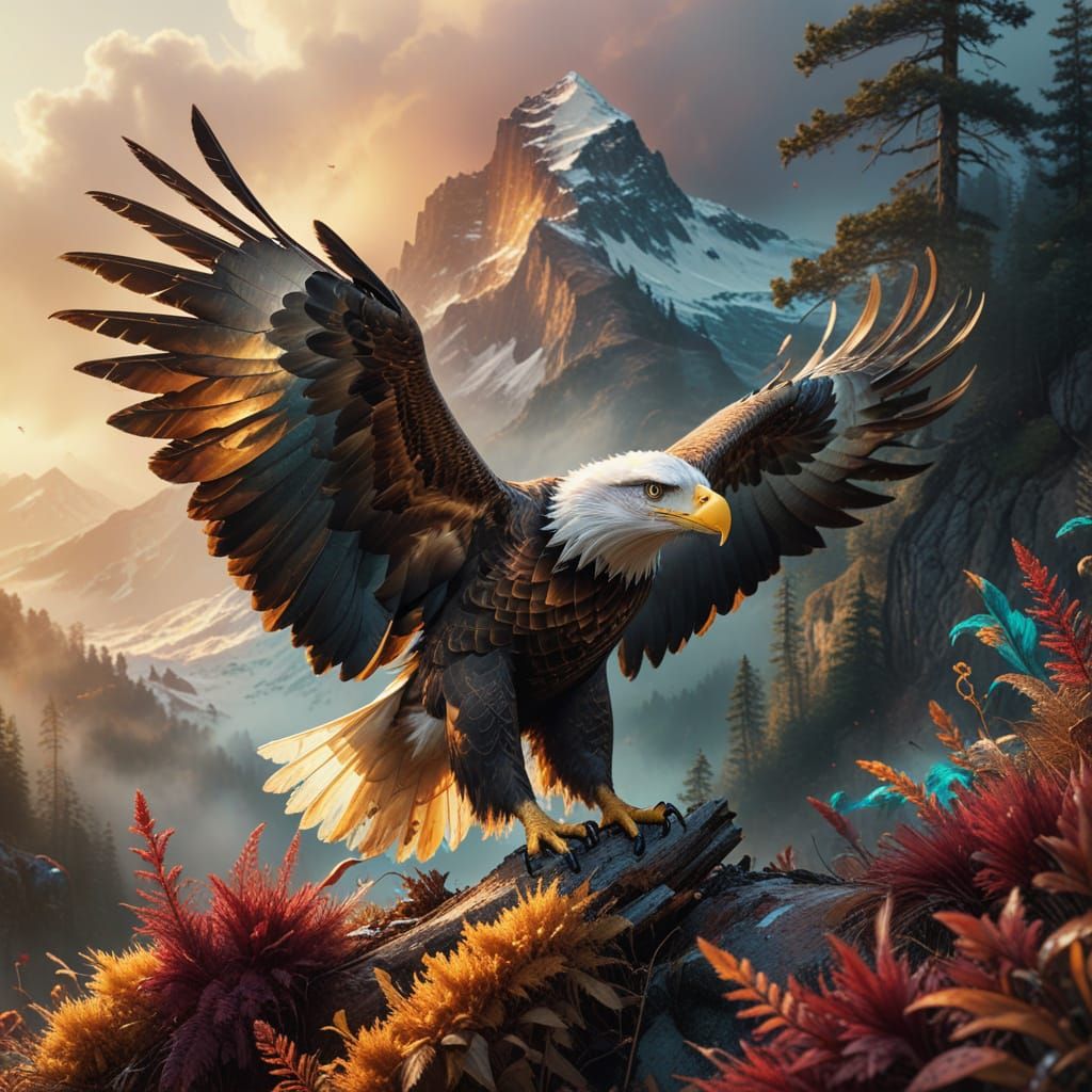 Vibrant Bald Eagle in Flight Over the Swiss Alps