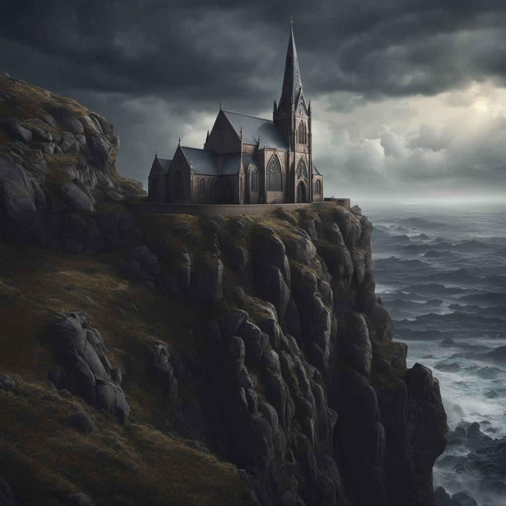 Gothic Church on Cliff Overlooking Stormy Sea