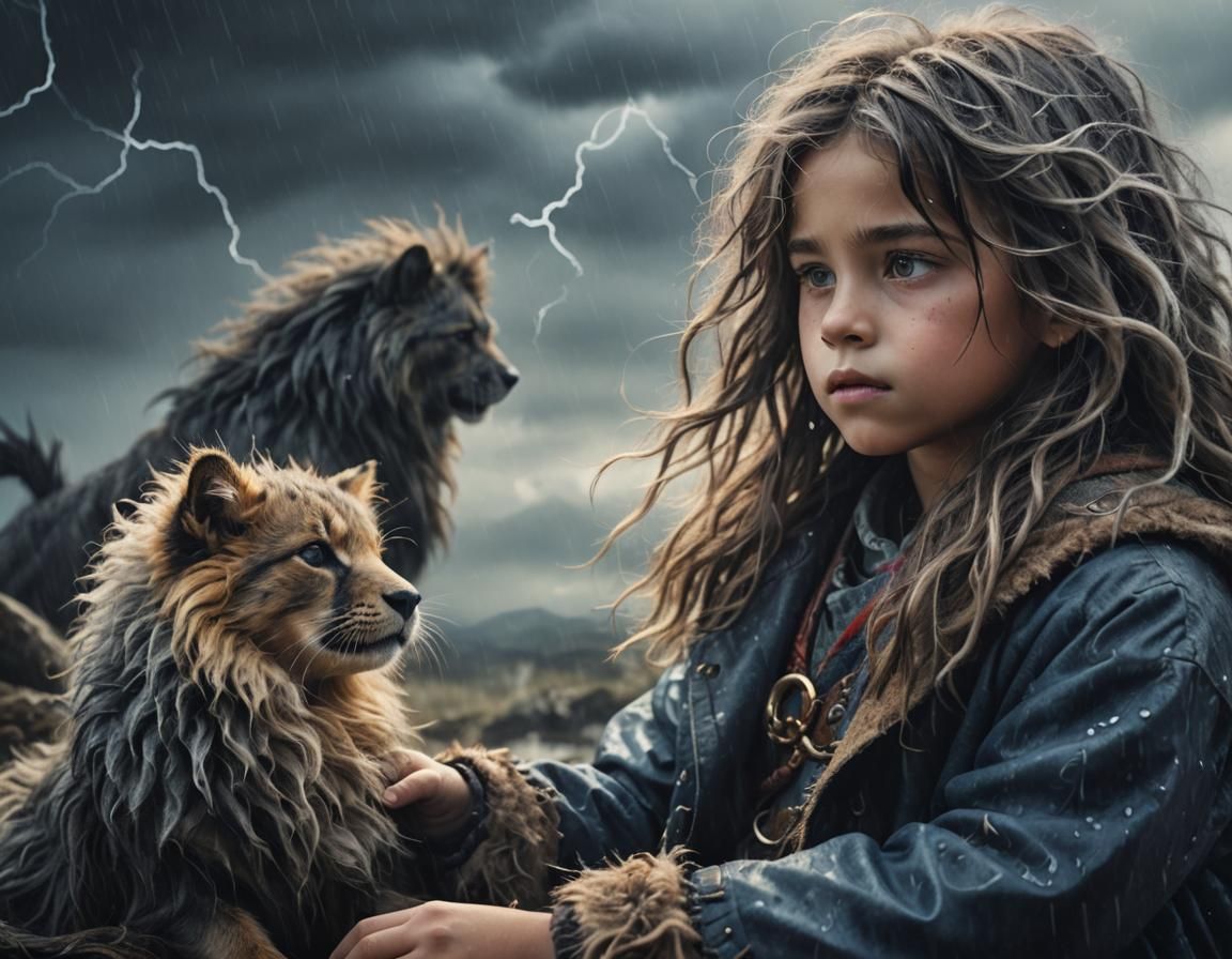 Child and Magical Animal in Surreal Storm