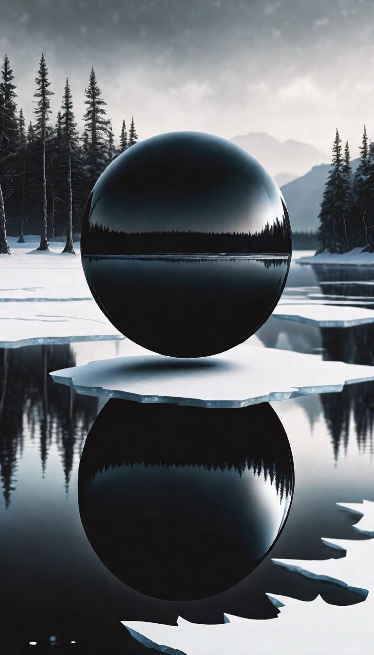 Obsidian Orb Over Frozen Lake: Dark Fantasy Art
