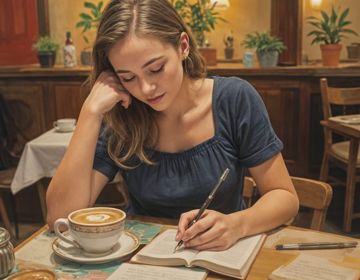 Young Woman Journaling in Cafe: Gouache Painting