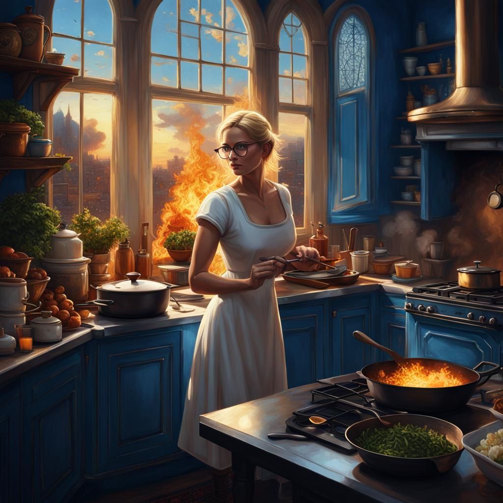 Woman Cooking in Kitchen: Digital Matte Painting